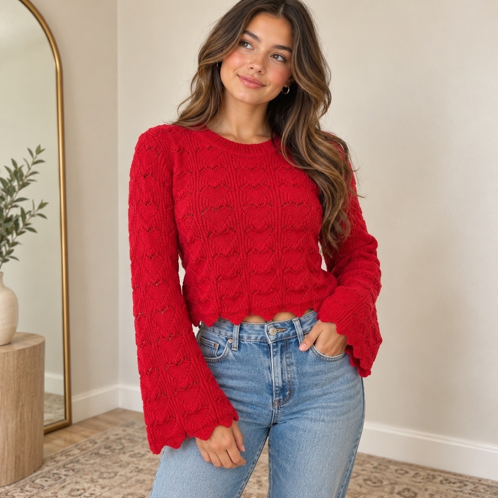 Hooked Up Red Heart Pointelle Knit Cropped Sweater Bell Sleeve Scalloped Hem M
